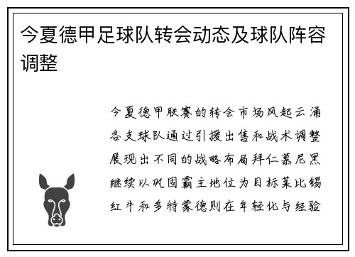今夏德甲足球队转会动态及球队阵容调整